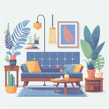 Living room interior with furniture and plants. Flat style vector illustration.のイラスト素材