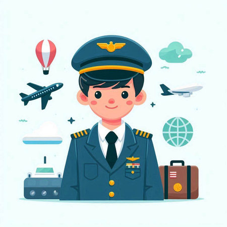 Cute pilot in uniform with airplane and suitcase. Vector illustration.のイラスト素材