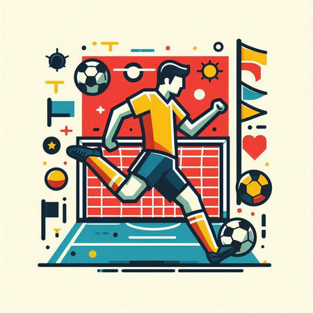 Soccer player in action. Vector illustration in flat linear style.のイラスト素材