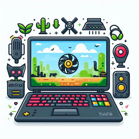 Vector illustration of Laptop with video game elements on white background.のイラスト素材