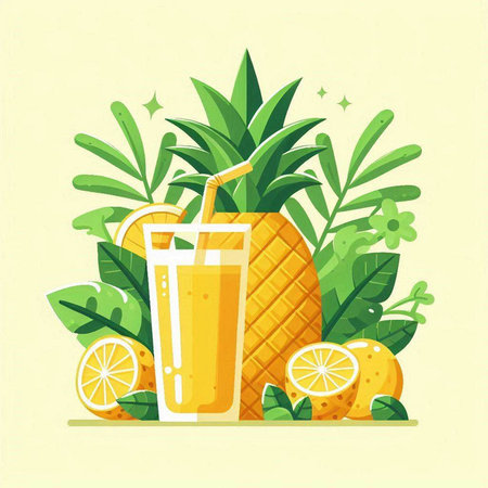 Pineapple juice in a glass with a straw. Vector illustration.のイラスト素材