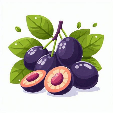 Ripe black plums with leaves isolated on white background. Vector illustration.のイラスト素材