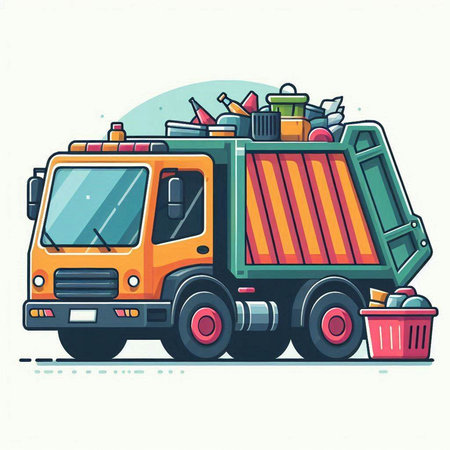 Garbage truck with trash. Vector illustration in flat cartoon style.のイラスト素材