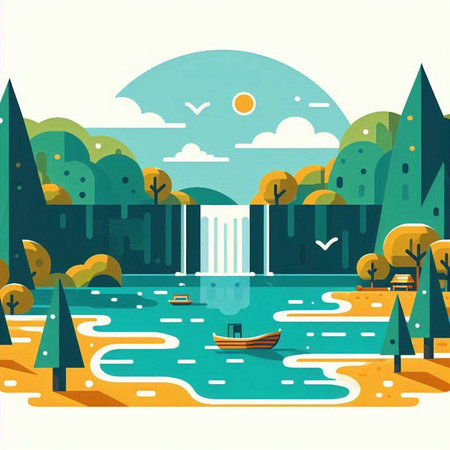Autumn landscape with river and trees. Vector illustration in flat styleのイラスト素材