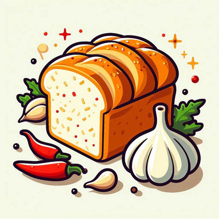 Illustration of a loaf of bread with garlic, pepper and parsleyのイラスト素材