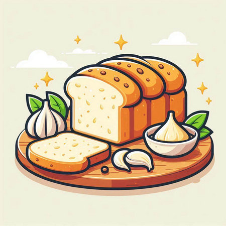 Illustration of a slice of bread on a wooden board with garlic and herbsのイラスト素材
