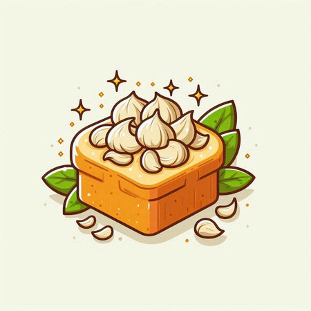 Vector illustration of a slice of bread with whipped cream and green leavesのイラスト素材