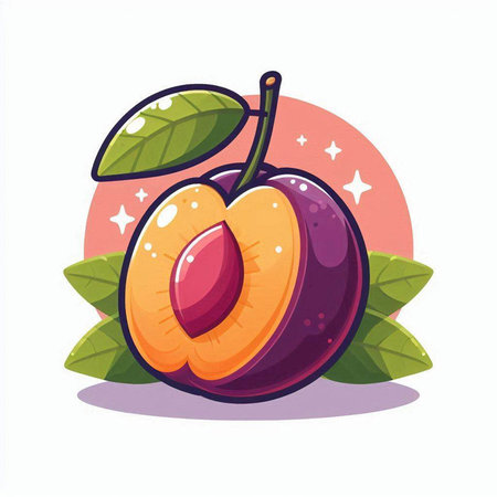 Plum fruit vector illustration. Vector illustration of fresh ripe plums with leaves.のイラスト素材