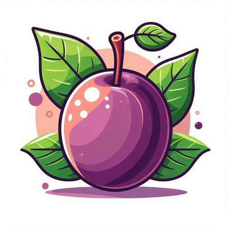 Plum fruit with green leaves. Vector illustration in cartoon style.のイラスト素材