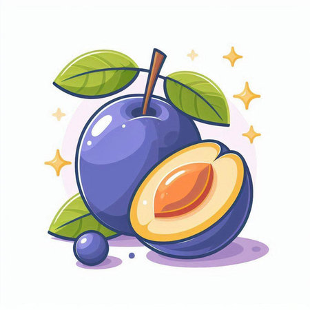 Plum fruit vector illustration. Isolated on white background. Flat cartoon style.のイラスト素材