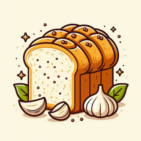 Illustration of a loaf of bread with garlic and pepper. Vector illustration.のイラスト素材