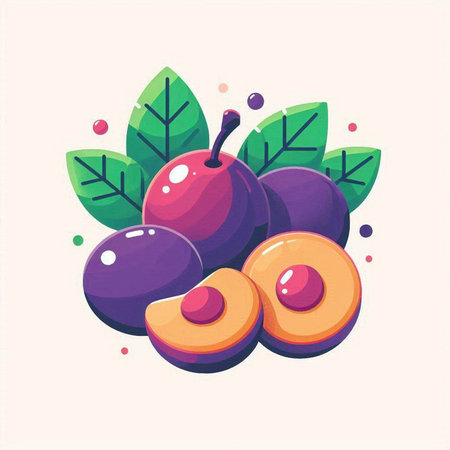 Plum fruit with leaves. Vector illustration in a flat style.のイラスト素材