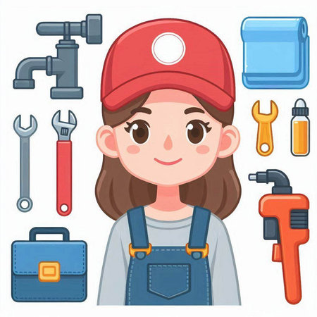 Illustration of a Cute Girl Wearing a Cap and Working Toolsのイラスト素材