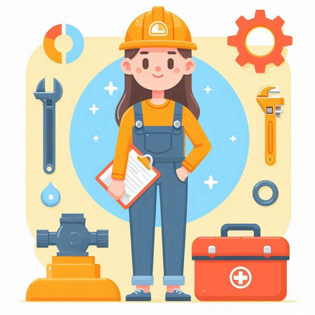 Plumber woman in uniform with tools. Vector illustration in flat styleのイラスト素材