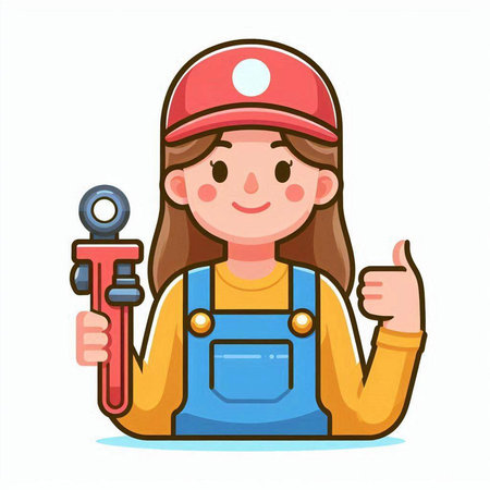 Plumber woman holding a wrench and showing thumbs up. Vector illustration.のイラスト素材