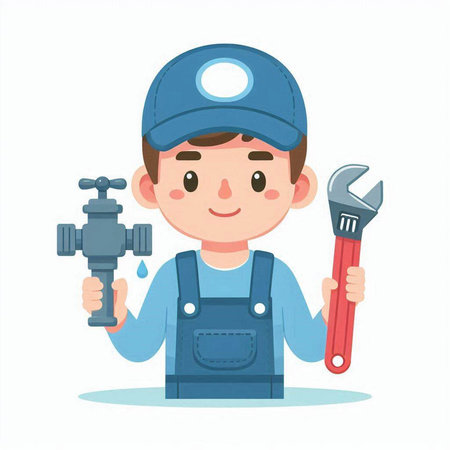 Plumber holding wrench and pipe. Vector illustration in cartoon style.のイラスト素材