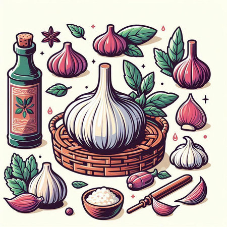 Garlic, spices and herbs. Vector illustration in cartoon style.のイラスト素材