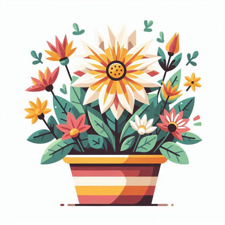 Flowerpot with daisies. Vector illustration in flat styleのイラスト素材