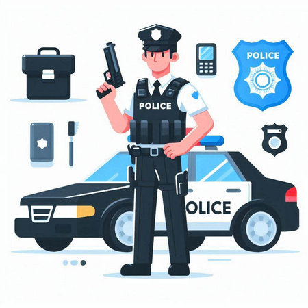Police officer with gun and police car. Vector illustration in flat styleのイラスト素材