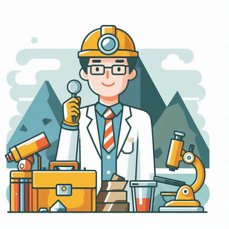 Vector illustration of scientist in helmet and glasses working with microscope, flask and test tube on background of mountains. Line art design for web, site, advertising, banner, poster, board and print.のイラスト素材