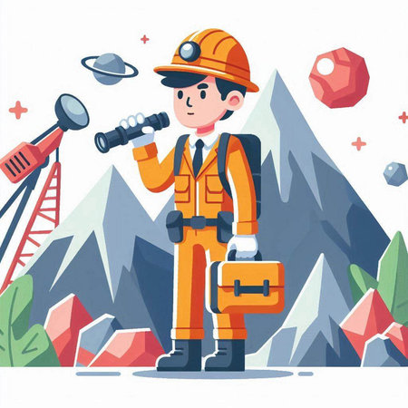 Cartoon vector illustration of a miner or miner holding a telescope.のイラスト素材