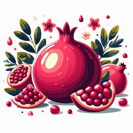 Pomegranate fruit with leaves and seeds. Vector illustration.のイラスト素材