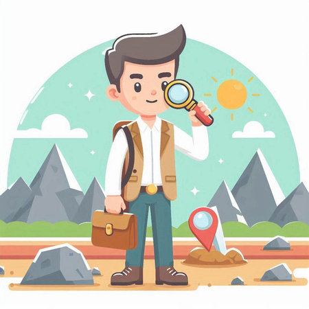 Tourist with a map and a magnifying glass. Vector illustrationのイラスト素材