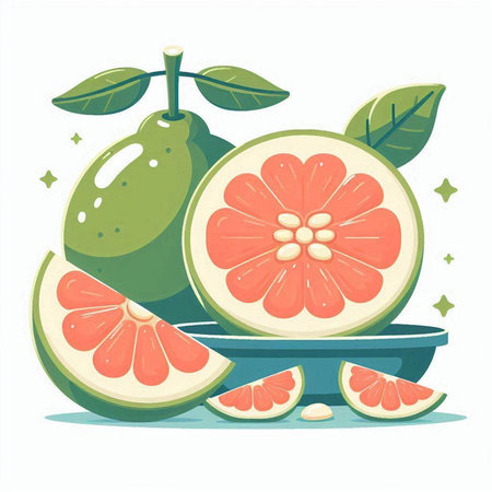 Illustration of a fresh whole and sliced pomelo fruits.のイラスト素材