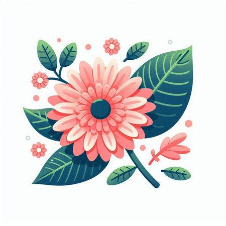 Beautiful flower with leaves. Vector illustration in flat cartoon style.のイラスト素材