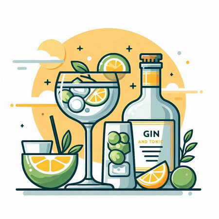 Cocktail with lime, ice, lemon and mint. Vector illustrationのイラスト素材