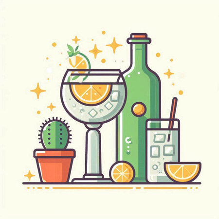 Cocktail flat color vector illustration. Alcoholic drink with lemon, cactus and ice cubes.のイラスト素材
