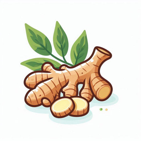 Fresh ginger root with leaves. Vector illustration isolated on white background.のイラスト素材