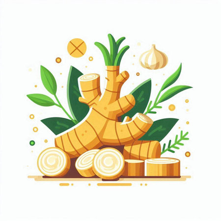 Ginger root with leaves and garlic. Isolated flat vector illustration.のイラスト素材