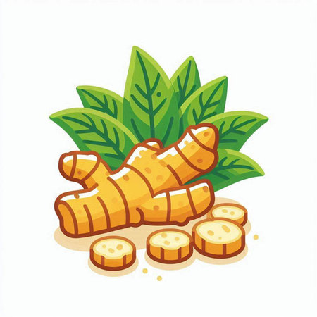 Ginger root and leaves isolated on white background. Vector illustration.のイラスト素材
