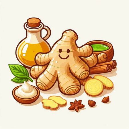 Ginger root, ginger powder, honey, and spices. Vector illustration.のイラスト素材