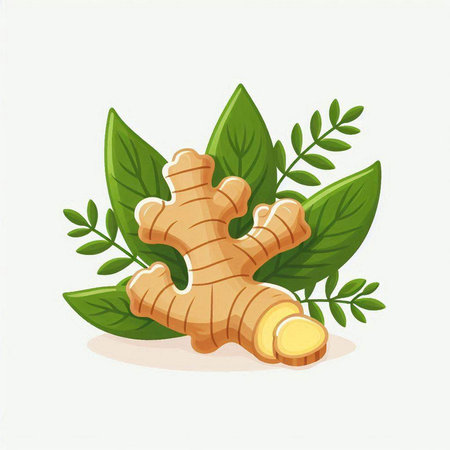 Ginger root with green leaves on white background. Vector illustration.のイラスト素材