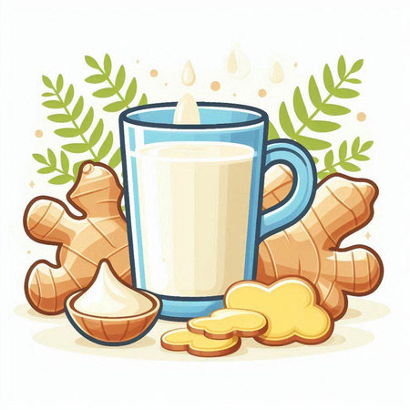 Ginger milk in a glass with ginger root and ginger slices. Vector illustration.のイラスト素材