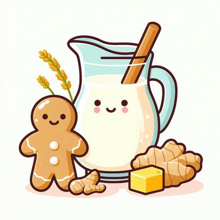 Ginger milk and gingerbread cookies. Cute cartoon vector illustration.のイラスト素材