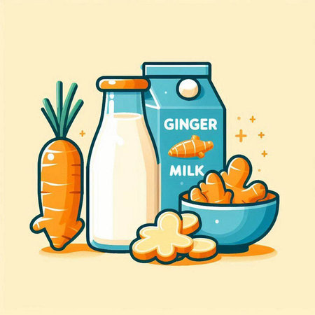 Vector illustration of fresh milk in a glass bottle, carrot, ginger and ginger root.のイラスト素材
