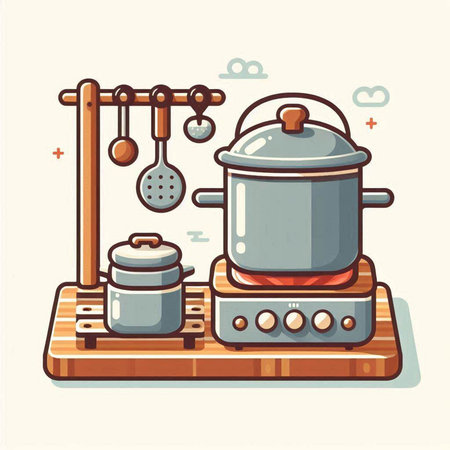 Vector illustration of a stove with pots and pans. Kitchen equipment.のイラスト素材