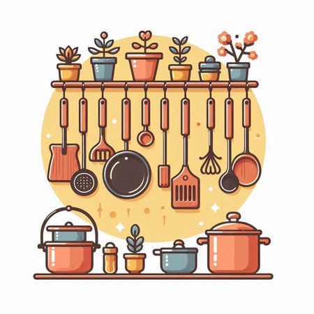 Kitchen utensils and pots on shelves. Vector illustration.のイラスト素材