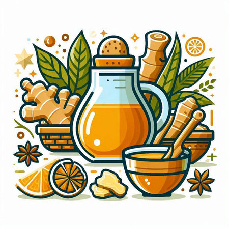 Ginger tea in a glass jar and ingredients. Vector illustration.のイラスト素材