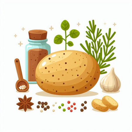 Potato, spices and herbs. Vector illustration in cartoon style.のイラスト素材