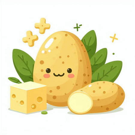 Cute potato character with cheese and green leaves. Vector illustration.のイラスト素材