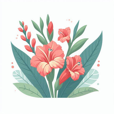 Flower bouquet with pink hibiscus and green leaves. Vector illustration.のイラスト素材