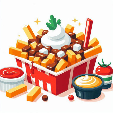 Illustration of a box with french fries and mayonnaise.のイラスト素材