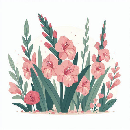 Floral background with pink gladiolus flowers. Vector illustration.のイラスト素材
