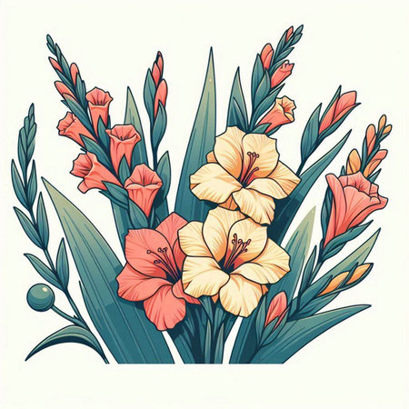 Hand drawn vector illustration of a bouquet of gladiolus flowers.のイラスト素材
