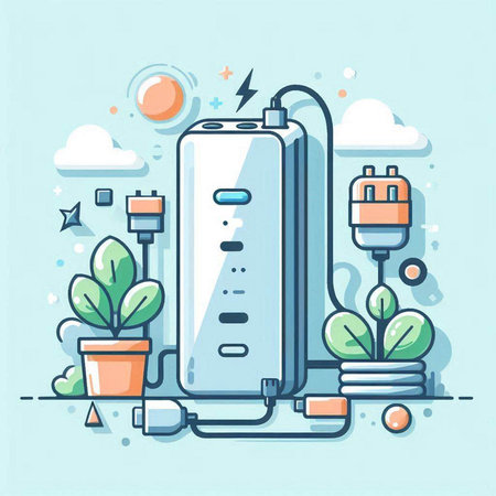Power bank. Electric power supply. Flat line art vector illustration.のイラスト素材