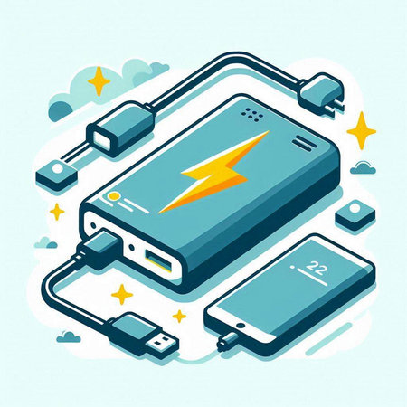 Smartphone charging battery on blue background. Vector isometric illustration.のイラスト素材